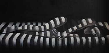 Female figurative black and white stripes acrylic painting thumb