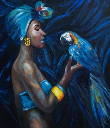 Black woman with parrot bird blue oil painting thumb