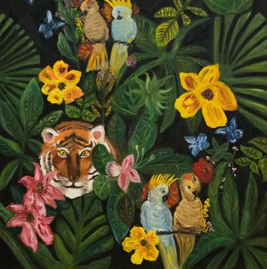 Colourful jungle painting with parrot birds , tiger and flowers. thumb