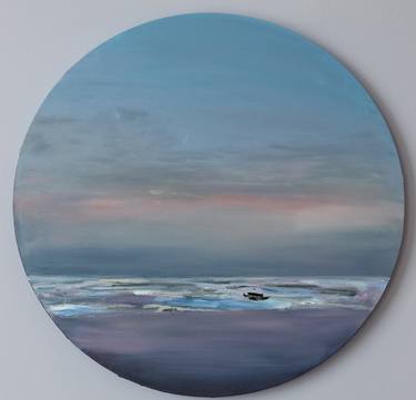 Seascape  sunset  in India painting on a round canvas thumb