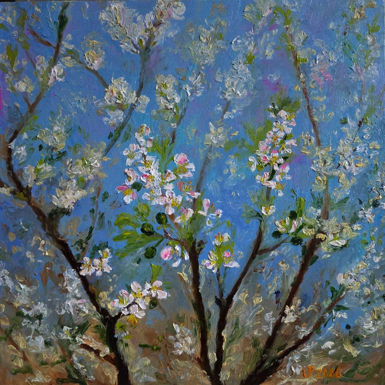 Original Floral Painting by Lan Pham | Impressionism Art on Canvas | "Spring Plum Blossoms Under Blue Sky" (2026)