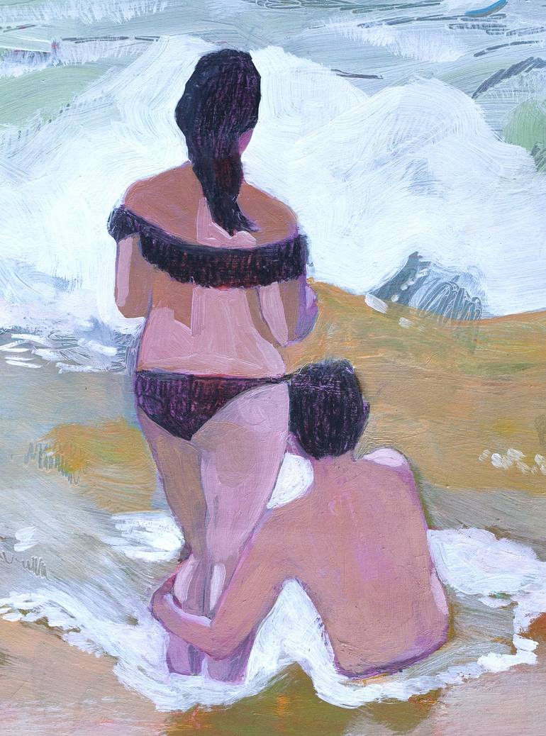 Original Figurative Beach Painting by Delphine Rocher