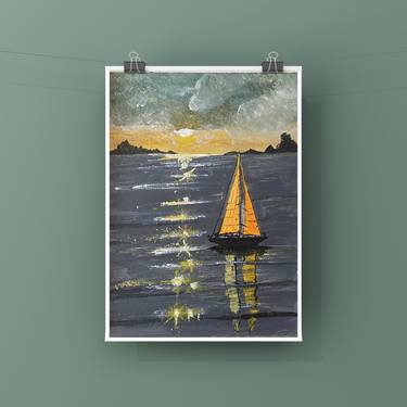 Watercolour painting of a sailing boat, small postcard painting thumb