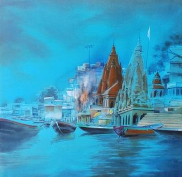 Benaras in Blue. Fresh wall painting. Indian city. thumb