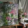 The painting depicts spring flowers in pots and on branches.
Blooming branches of the Altai bagulnik create a delicate and delicate aroma.
openwork background of the picture. Light blue flowers on branches, on a blue background,
they are reminiscent of the spring sky. Delicate pink Azalea flowers emphasize the freshness and sophistication of the composition. And pink Hyacinth with its fragrance
immerses the viewer in the coolness and feeling of spring.