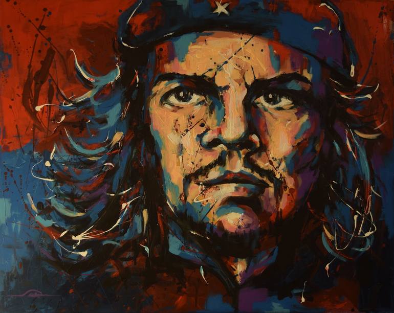 a Bauhaus painting of Che Guevara, walking on the