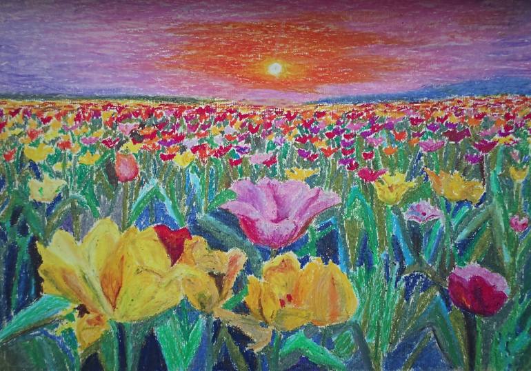 Tulip field Drawing by Arina Khlebnikova | Saatchi Art