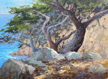 Seascape With Windblown Cypress On California Coast thumb
