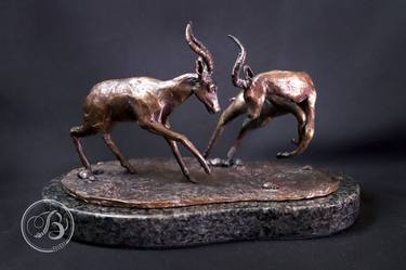 Rutting Rams (Fighting Impala Rams)- Solid Bronze on Granite thumb