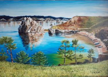 LAKE BAIKAL - GREAT MIRACLE, oil painting, original gift, blue water, rocks, mountains, boat, green forest, office decor, home interior. thumb