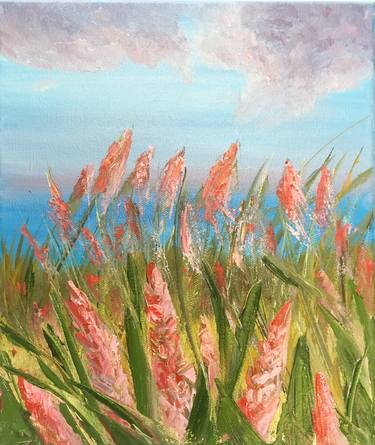 SUNSET - original landscape, flowers art, floral painting, Small painting, california meadows, green hill, nature thumb