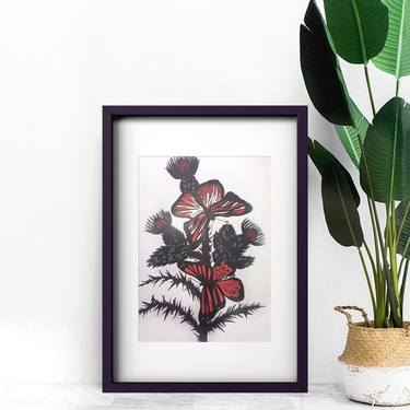"Spring butterfly" - original graphic artwork, butterfly art, floral home decor, botanical illustration, butterfly drawing, flower drawing thumb
