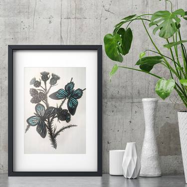 "Spring color" - Butterfly painting Floral art, flitting butterfly Wall art, Flower Home decor, Botanical art, Floral Interior painting, blue butterfly thumb