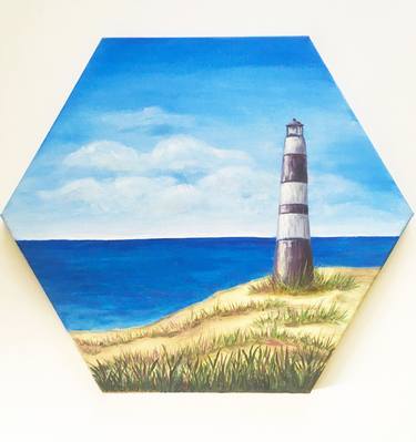 Lighthouse - Seascape painting, Coast art, blue ocean, nature, Blue sea, Small painting thumb