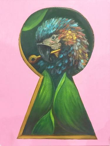 Key Master - tropical painting, parrot painting, modern stilllife, bird, animals home decor, floral, blue parrot, green nature, keyhole, small interior art thumb