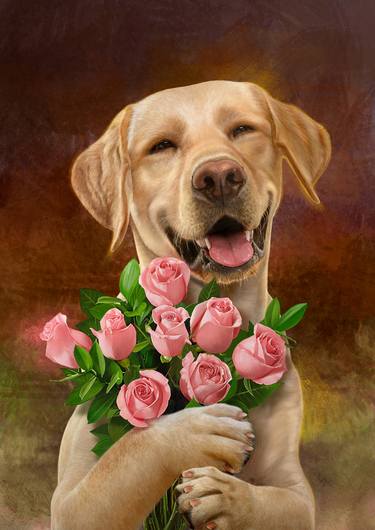 Dog 08, Happy Dog holding Roses. thumb