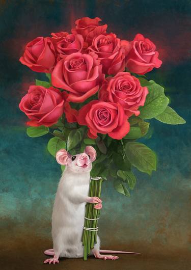 Rat 03, Happy Rat Holding Roses. thumb