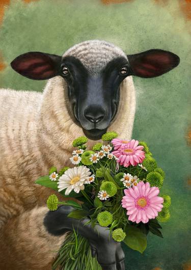 03, Smiling Sheep Holding Flowers. thumb