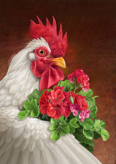 01, Happy Rooster Holding Flowers. thumb