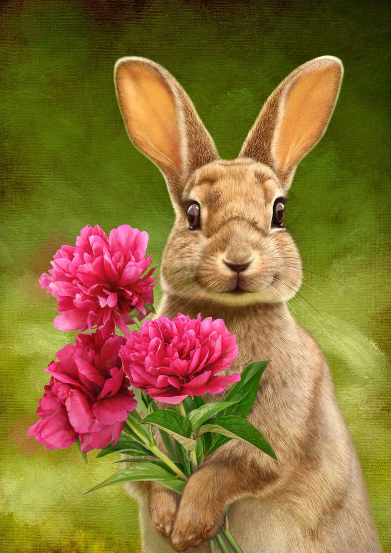01, Happy Rabbit Holding Flowers. Painting by Toh Eng Chai Saatchi Art