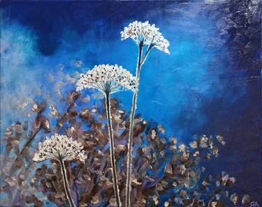 A bouquet of frozen flowers. Blue white brown color in painting thumb