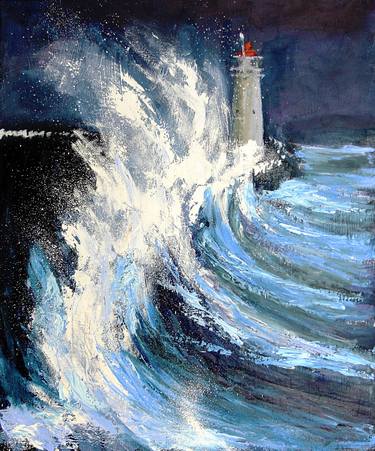 Night storm. Lighthouse. Bright color. Seascape thumb