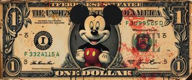 old US dollar bill with Mickey Mouse thumb