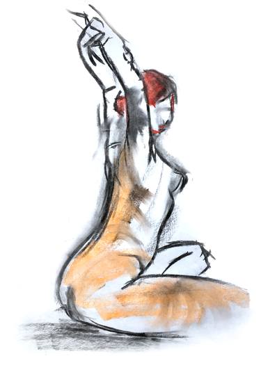 Original figure drawing female nude. Modern art expressionist style. Study Pastel and charcoal on paper. thumb