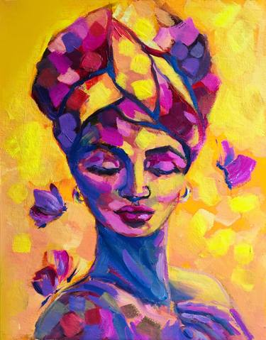 "Golden admiration" Diverse Woman Portrait Oil butterflies Painting Ornamentation Original Hand Painted Impressionist Art gift for her thumb