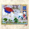 The first fight of little hero (Rostam) with white Elephant..
this painting is a detailed copy of the main miniature of Shahnameh Shah Tahmasebi (Safavi Period)
This painting took about 100 hours time and it is painted with cat hair artist brushes and Colors with very  good quality .