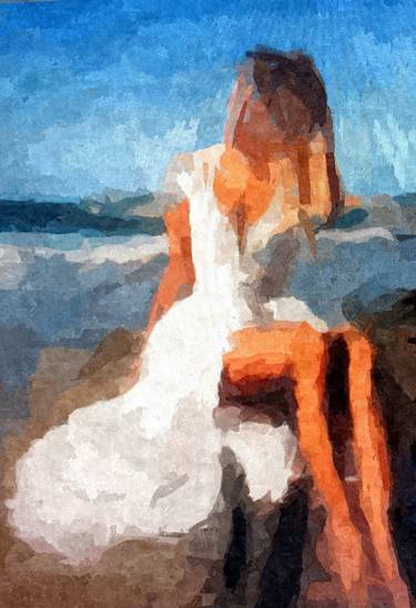IMPRESSION OF MODEL AT THE BEACH IN A WHITE FORMAL thumb