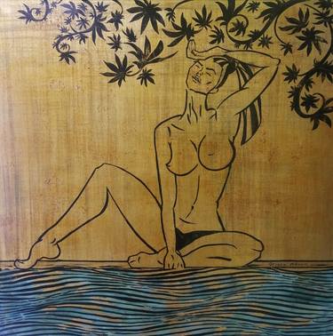 Goddess Flora - mythology, cubism, girl, woman, gold leaf painting, vintage, gold, aged painting thumb