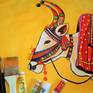 Handpainted wall decor art, inspired by Indian bullocks. The painting represents a bull with vibrant colors.