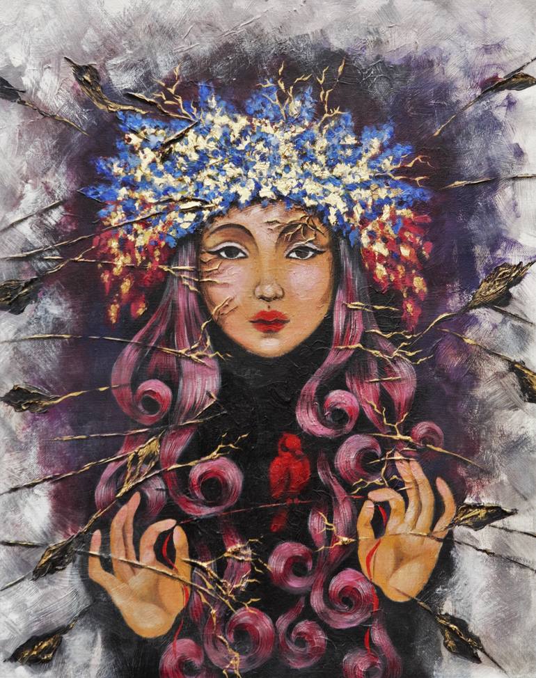 superiority. girl, mystical, bird, wreath, gold, pink Painting by Julia ...
