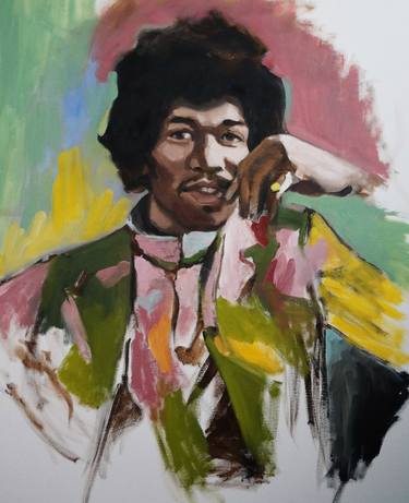 Portrait of Jimi Hendrix in a floral print jacket thumb