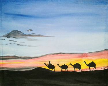 Camels in The Desert During Sunset thumb