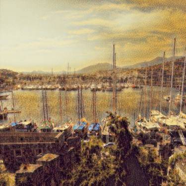 Vintage sunset sea Harbor yachts in the gulf in earthy tones thumb