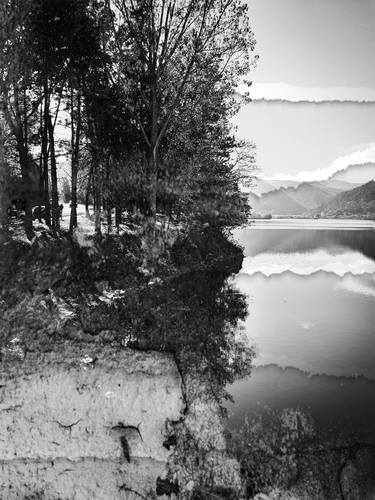 Monochrome vintage lake shore landscape thumb
