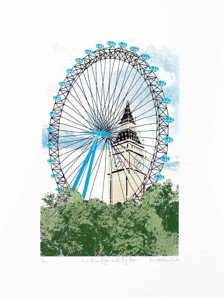 Original Architecture Printmaking by Liz Whiteman Smith | Illustration Art on Paper | London Eye and Big Ben, London