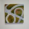 Seen from above the highways become the linear design element of the painting. The cloverleaf interchanges are the focus of the composition; together with the other roads it takes you through the painting. The suggestion of cars confirm the roadways. Mostly abstract in interpretation.