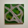 Seen from above the freeways are the linear design element of the composition. The cloverleaf interchanges are the focus of the painting; together with the other roads it takes you through the painting. The suggestion of cars confirm the roadways. Mostly abstract in interpretation.