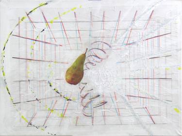 Pear impacting on canvas and propagating energy through three dimensional space-3D stereoscopic thumb