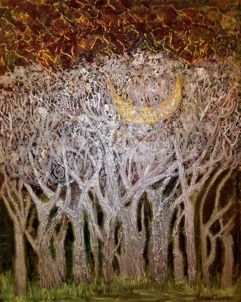 The Moon Is Nestling On The Trees Painting by Asma Chance | Saatchi Art