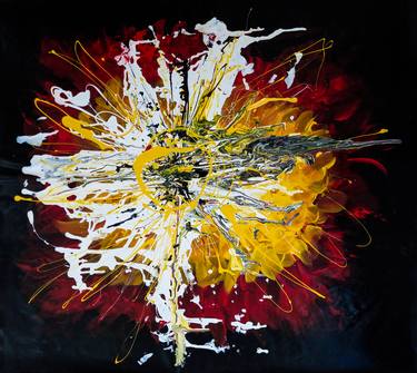 Yellow white black red picture Large paint on canvas Dramatic energy abstraction Bright dynamic picture Lightning Fairy flower Home decor thumb