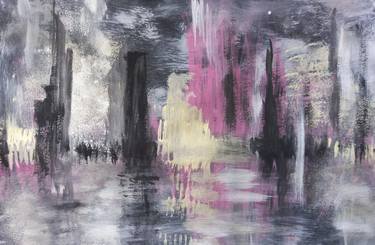 Rain. Delicate gouache sketch painting in pastel colors of the city streets in the rain thumb