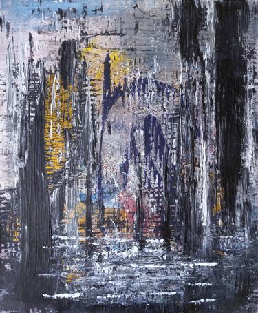 "Autumn in New York", Night city, lights house, Windows at night, black and gold on canvas, drawing in gold, rain in the city, puddles between houses, thumb