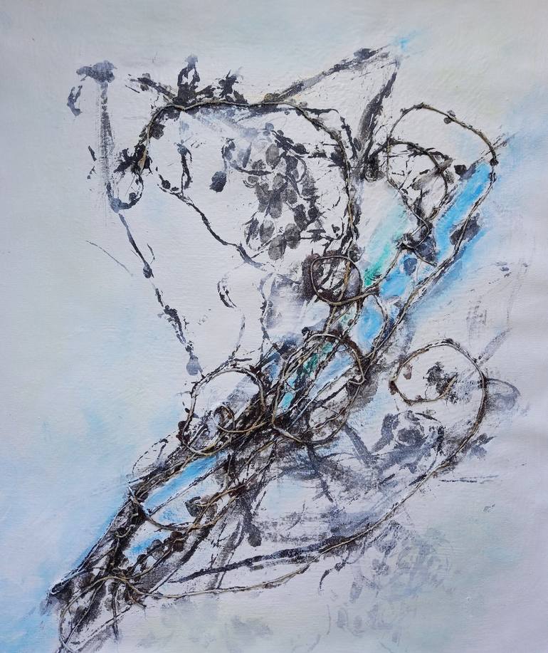 Modern blue sakura. Abstract acrylic collage medium size on canvas Original Collage by iryna calinicenco