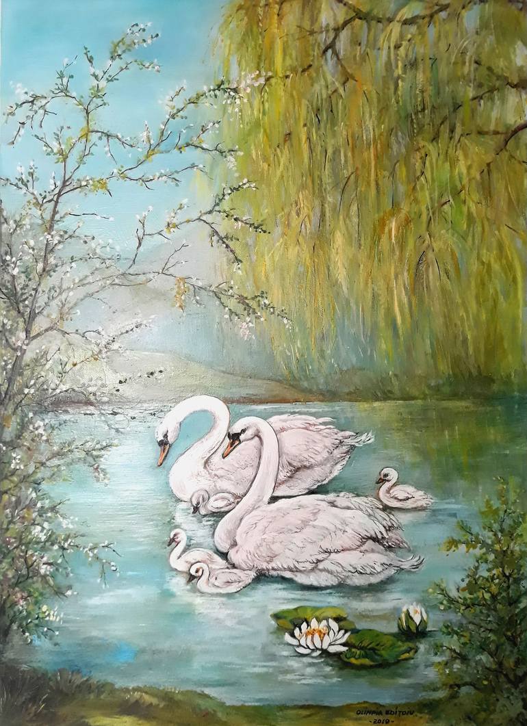 Swans Watercolor Painting Original top Art Lake Pond Water White Art Fine Art