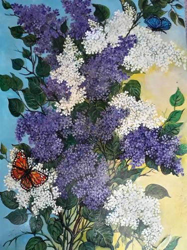 Pastel lilac flowers bouquet  with butterflies thumb