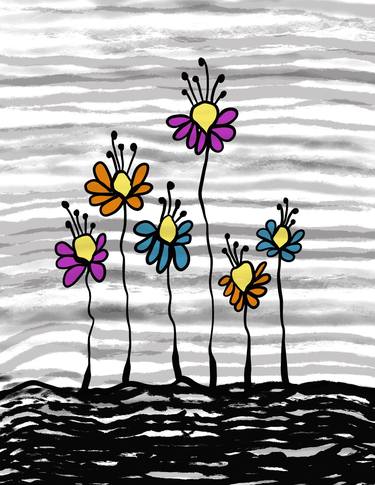 Decorative floral digital illustration with stripes. thumb
